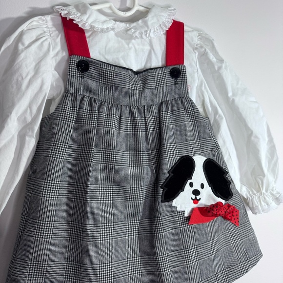 Little Bitty Other - Vintage Girls Plaid Jumper Dress Set 4T Dog Applique USA